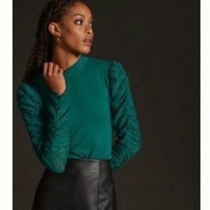 ✨ NWT! Anthropologie Maeve Green Ruched-Sleeve Blouse